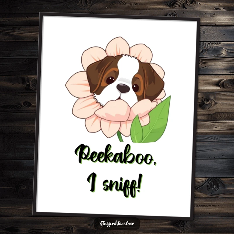 Funny Saint Bernard poster showing the dog peeking playfully from behind a giant, colorful flower, adding charm to walls.