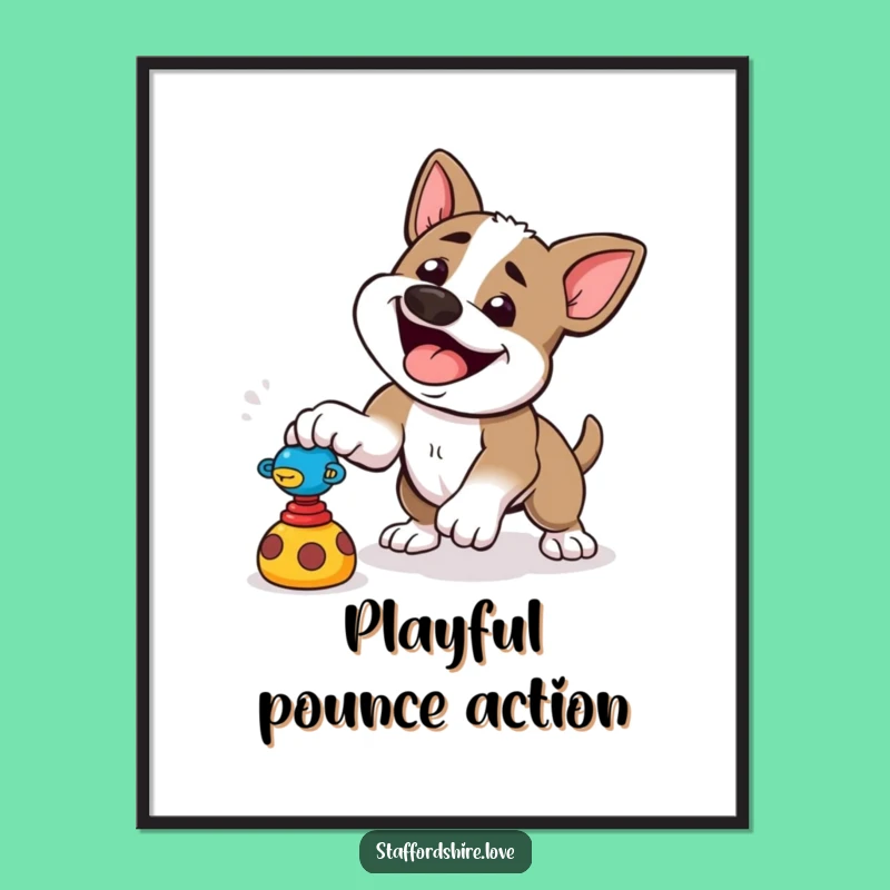 Funny Pounce Staffy Poster: Playful Attack Action, Energetic Dog Art, Funny!