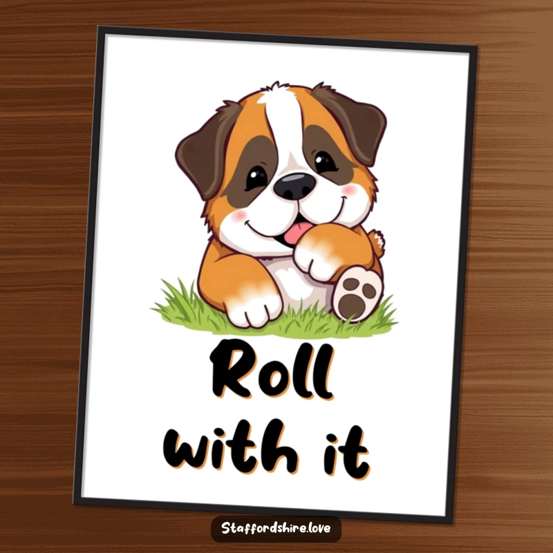 Funny poster art of a happy Saint Bernard dog rolling with pure joy in soft, green grass, conveying ultimate contentment.