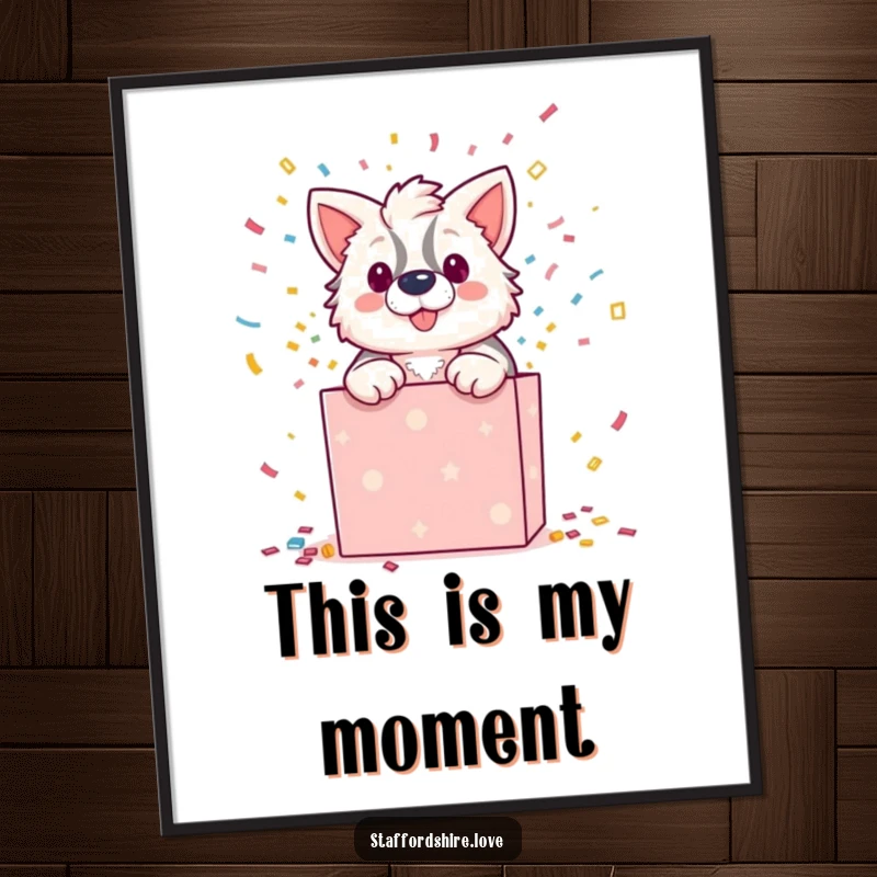 Funny poster of a Staffordshire character dramatically bursting out of a gift box with confetti, celebrating a surprise.