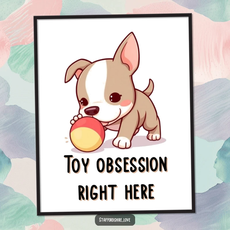 Funny Kawaii Staffordshire Bull Terrier puppy poster, capturing the moment of intense toy chasing, full of adorable puppy exuberance.
