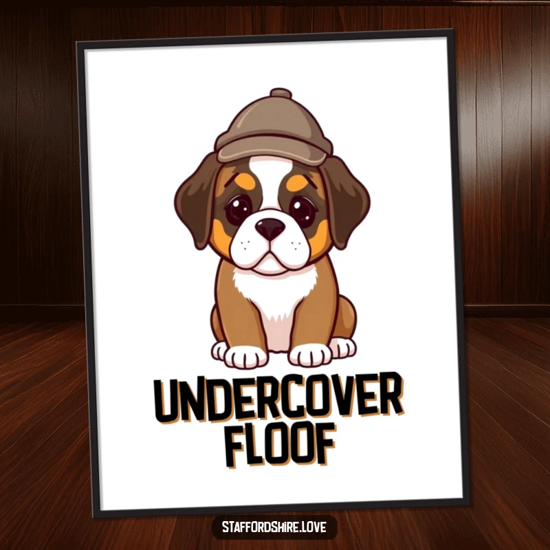 Funny poster art of a cute Saint Bernard puppy wearing a small detective hat, gazing intently as if on a thrilling investigation.