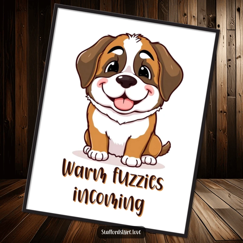 Funny Saint Bernard poster capturing a dog's affectionate nudge and warm, playful smile towards a friend, heartwarming wall art.