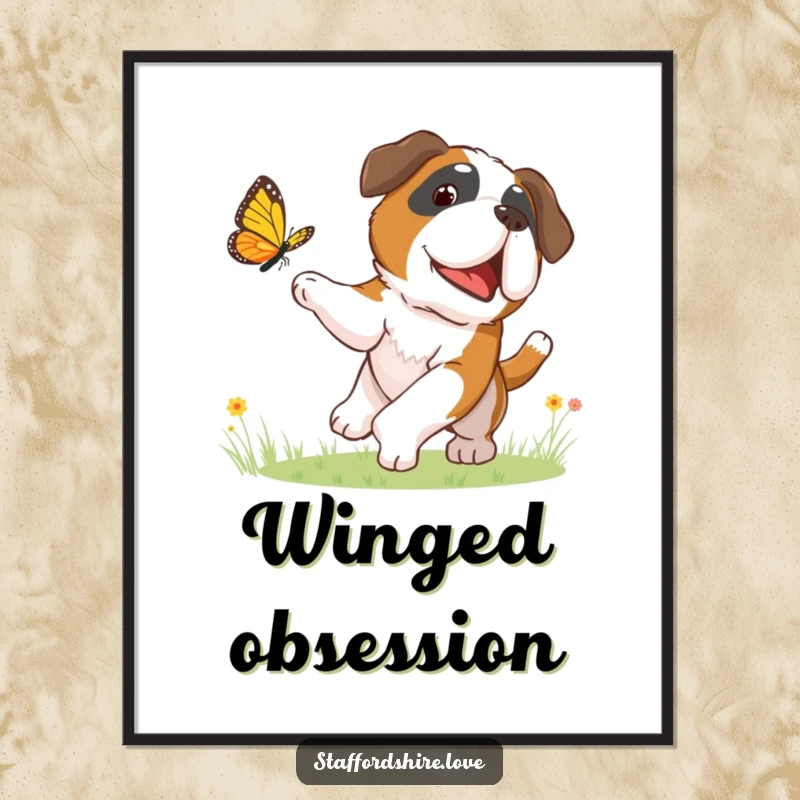 Funny poster art of a happy Saint Bernard dog enthusiastically chasing a butterfly through a vibrant, sunlit meadow.