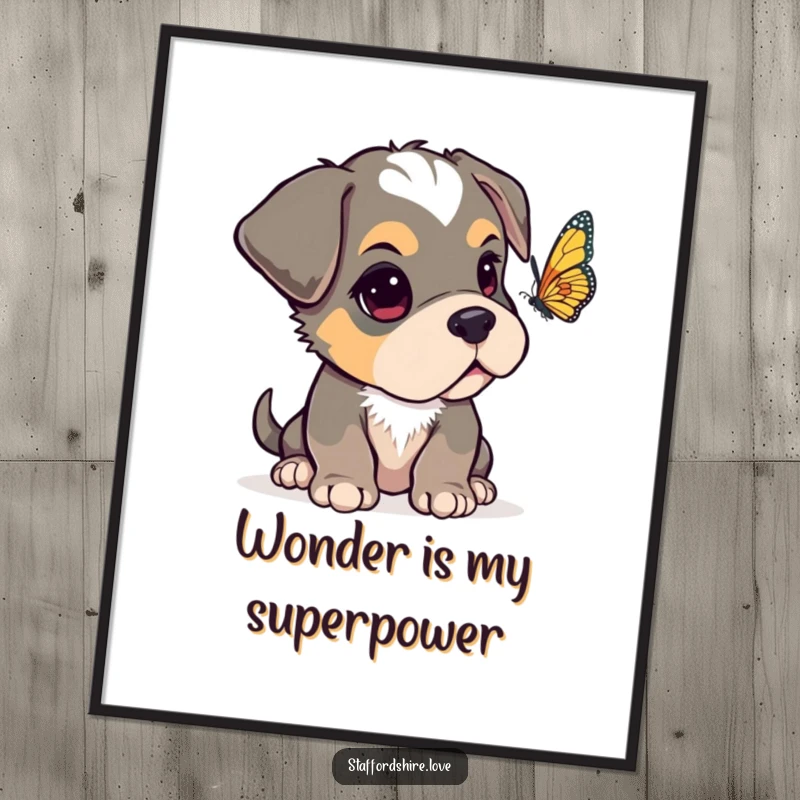 Funny Staffordshire pup with one ear flopped over, gazing curiously at a fluttering butterfly on a high-quality poster.