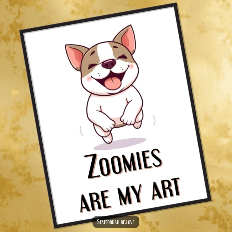 Funny Kawaii Staffordshire Bull Terrier poster capturing a joyful zoomie, its body a blur of happy motion and excitement.