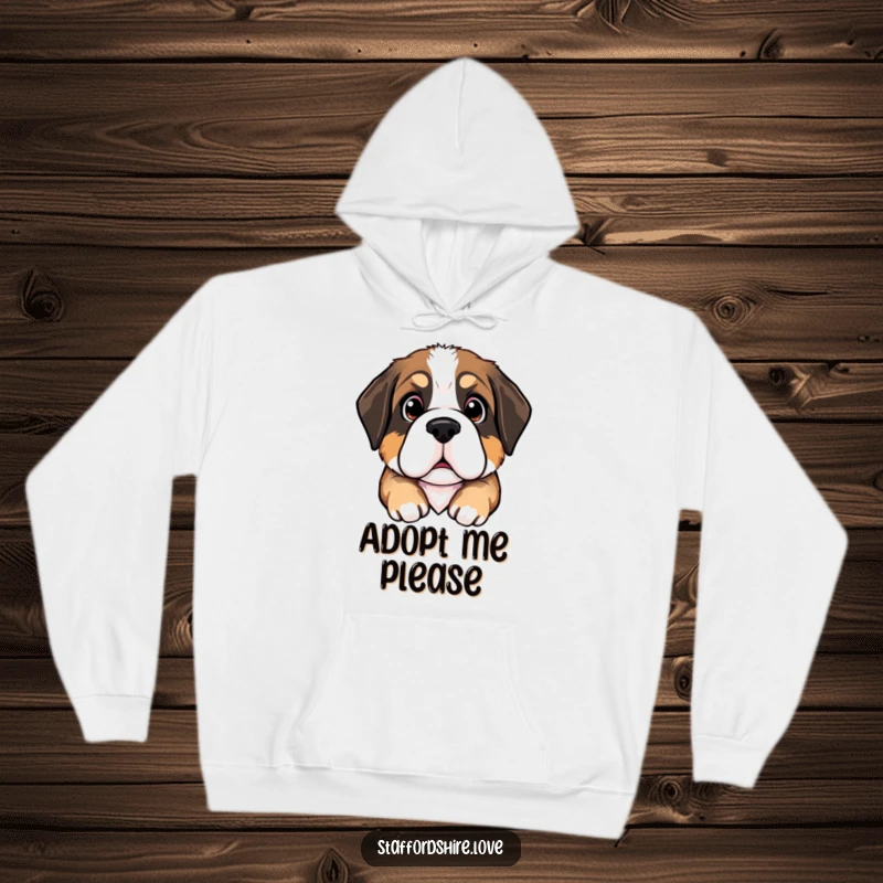 Funny Saint Bernard puppy hoodie with a puppy looking up with large pleading eyes, capturing a humorous and heartwarming moment.