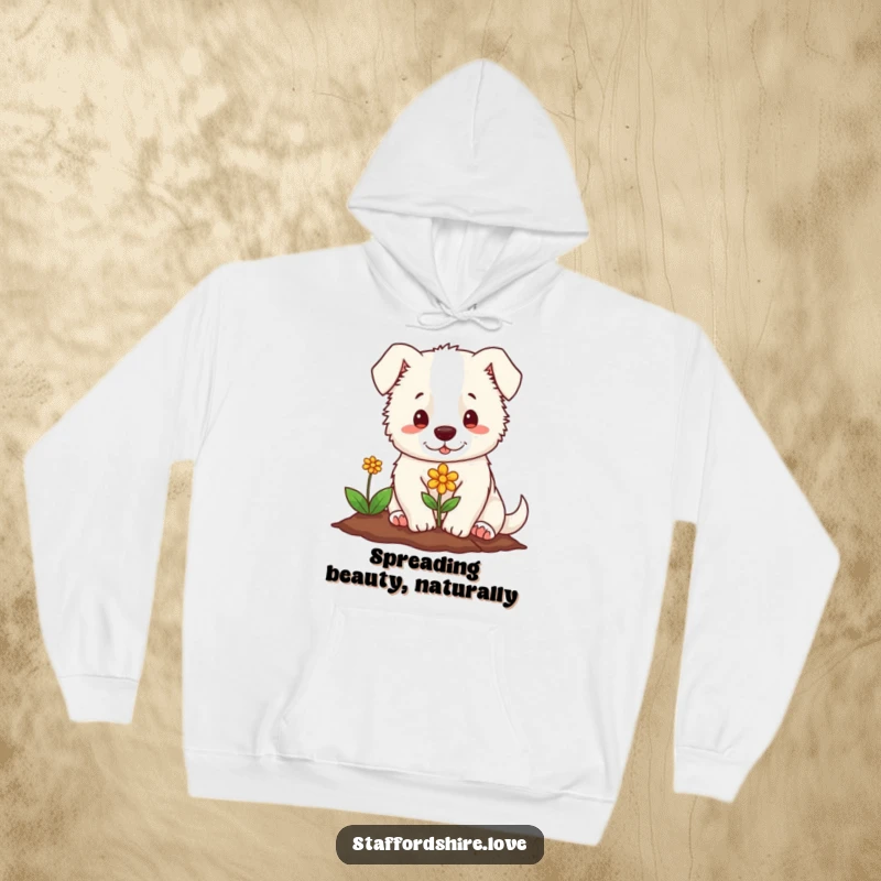 Funny hoodie featuring a gentle Staffordshire character planting a tiny, colorful flower, offering soft comfort and humor.
