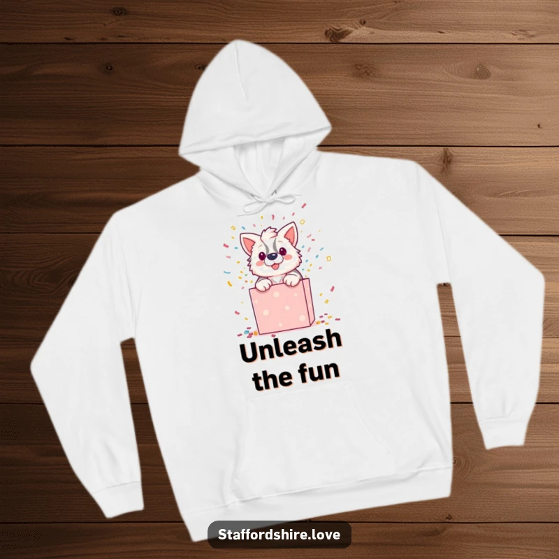 Funny hoodie depicting a Staffordshire character erupting from a gift box with confetti, conveying surprise and celebration.