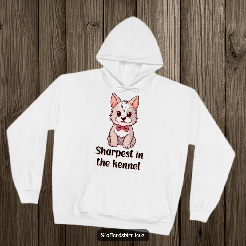 Funny Kawaii Staffordshire hoodie showcasing a proud dog in a small bowtie, perfect for cozying up with a touch of dapper humor.