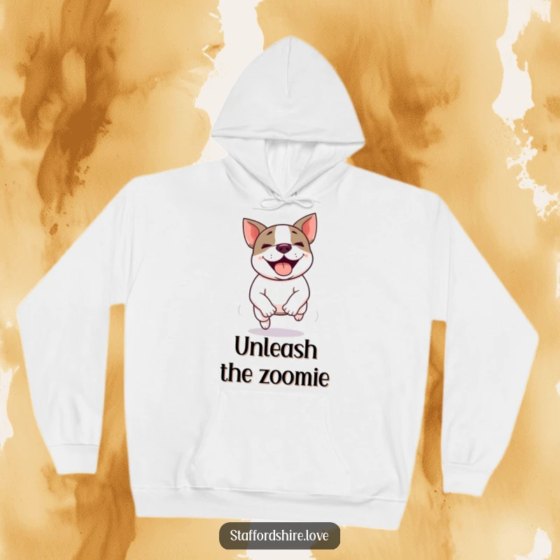 Funny Kawaii Staffordshire Bull Terrier hoodie depicting a happy zoomie, radiating pure, unadulterated canine joy and energy.