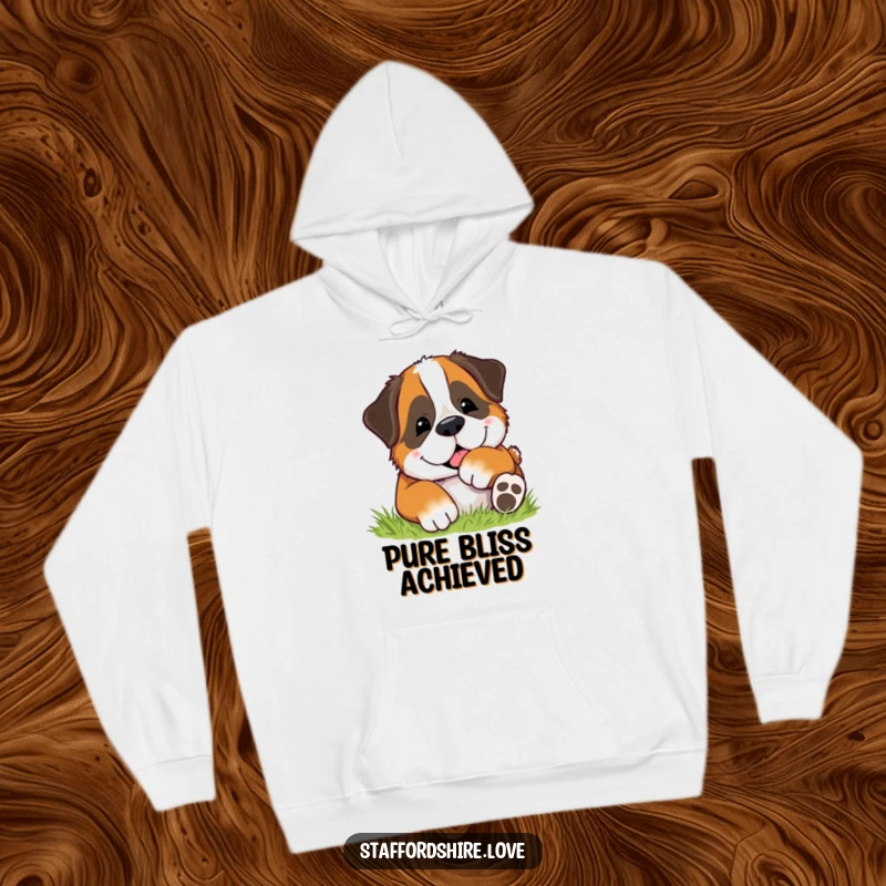 Funny hoodie showcasing a Saint Bernard dog rolling with delight in soft grass, embodying pure, carefree happiness.