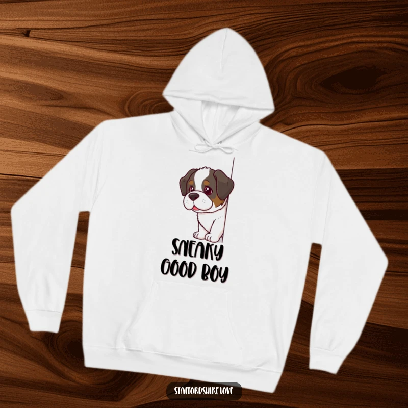 Funny Saint Bernard Hoodie featuring a dog with a mischievous glint, peeking around a corner, offering warmth and playful vibes.