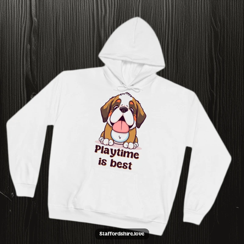 Funny Saint Bernard Hoodie: Soft hoodie depicting a lovable kawaii Saint Bernard dog offering a slobbery toy.