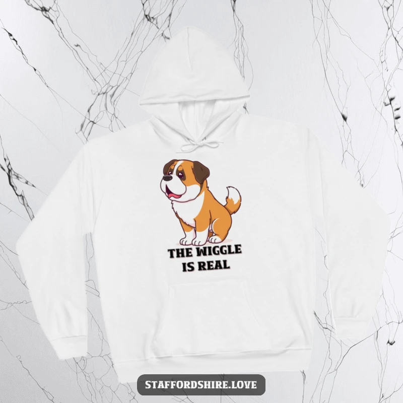 Funny hoodie featuring a Saint Bernard wiggling its whole body from an excited tail wag, perfect for cozying up.