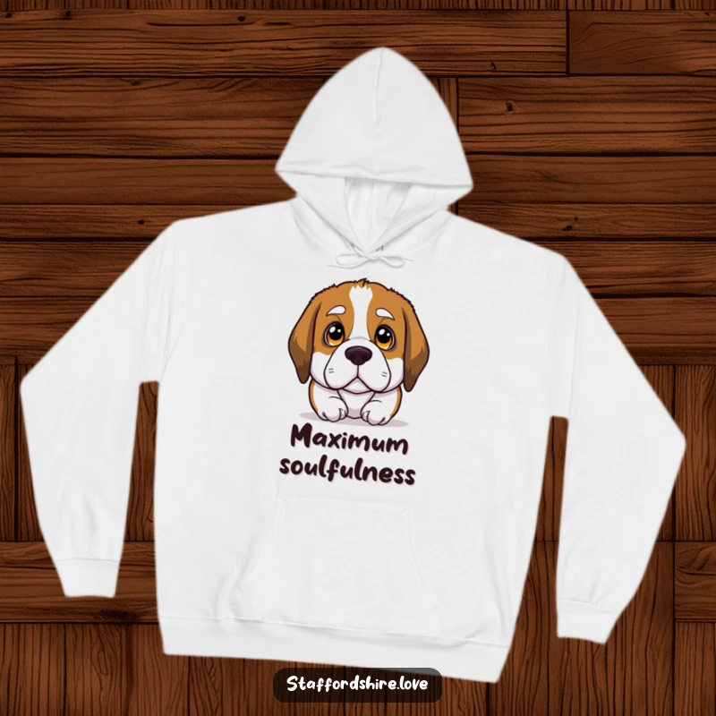 Funny hoodie showcasing a Saint Bernard dog's large, soulful eyes looking upwards, creating a sense of gentle affection and warmth.