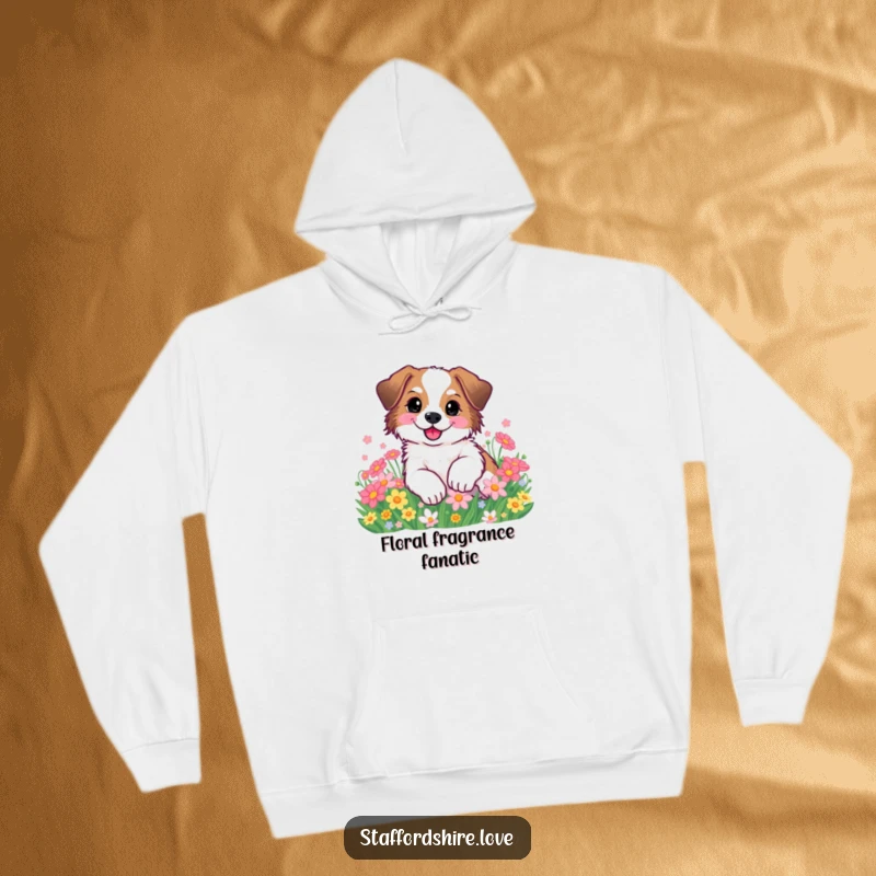 Funny Staffordshire dog happily rolling in flowers on a cozy hoodie. Great gift.