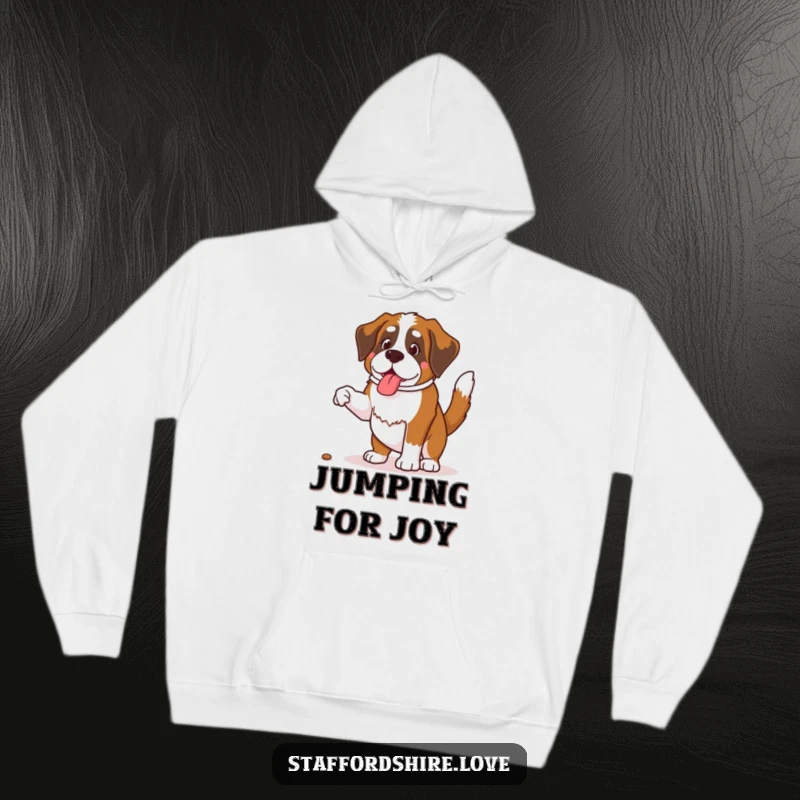Funny Saint Bernard hoodie design of a dog with a wagging tail jumping for a treat, ideal for gifting.