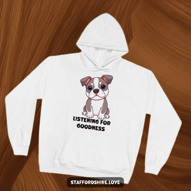 Funny kawaii Staffordshire Bull Terrier hoodie with ears perked up, offering cozy comfort and humorous attentiveness.