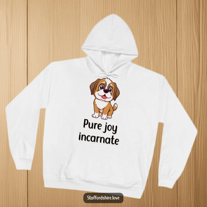 Funny Saint Bernard hoodie designed with a dog's shining eyes and wagging tail, symbolizing warmth, joy, and canine affection.