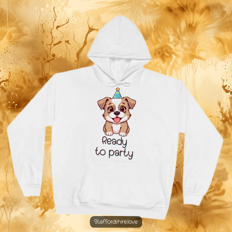 Funny hoodie featuring a Staffordshire dog wearing a party hat, looking excited and ready for festive fun.