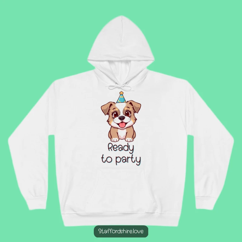 Funny Party Staffy Hoodie: Festive Hat Warmth, Excited Comfort, Hilarious!