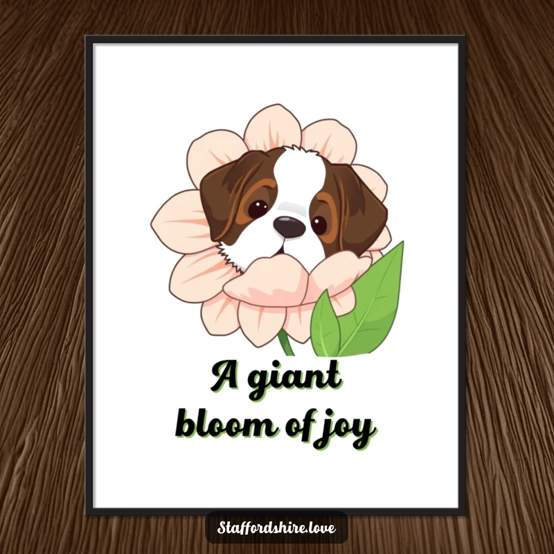 Funny Free Printable Wall Art: A Saint Bernard dog peeks from behind a massive, vibrant flower, creating a charming and humorous scene.