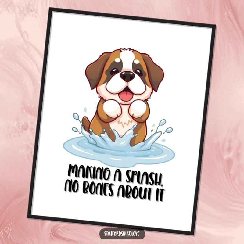 Funny Free Printable Wall Art: A kawaii Saint Bernard happily splashes in a puddle, creating a joyful and cute piece of downloadable decor.
