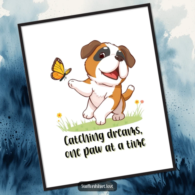 Funny Free Printable Wall Art: A clumsy Saint Bernard puppy enthusiastically chases a delicate butterfly, creating a scene of pure, joyful abandon.