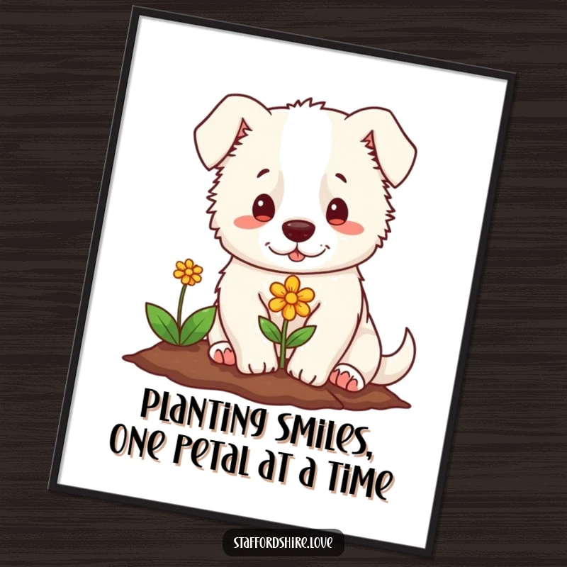 Free Printable Wall Art: Soft Staffordshire with a gentle expression planting a tiny colorful flower, peaceful garden art.