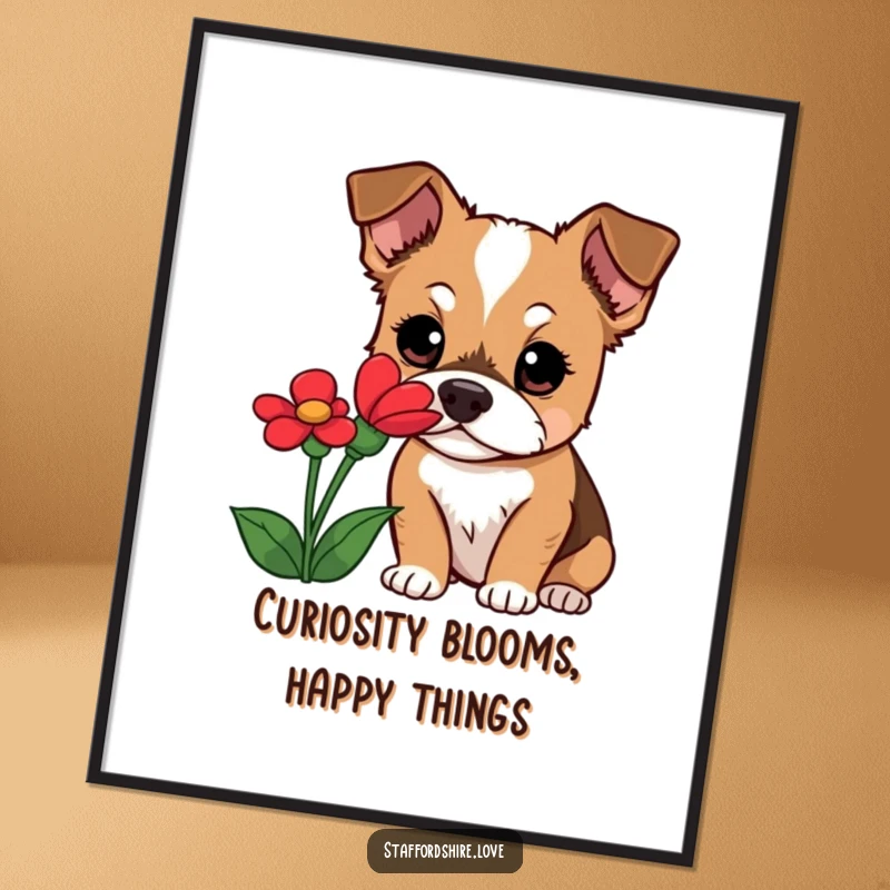 Funny Free Printable Wall Art: A curious Staffordshire dog intently sniffing a bright red flower with wide, amazed eyes.