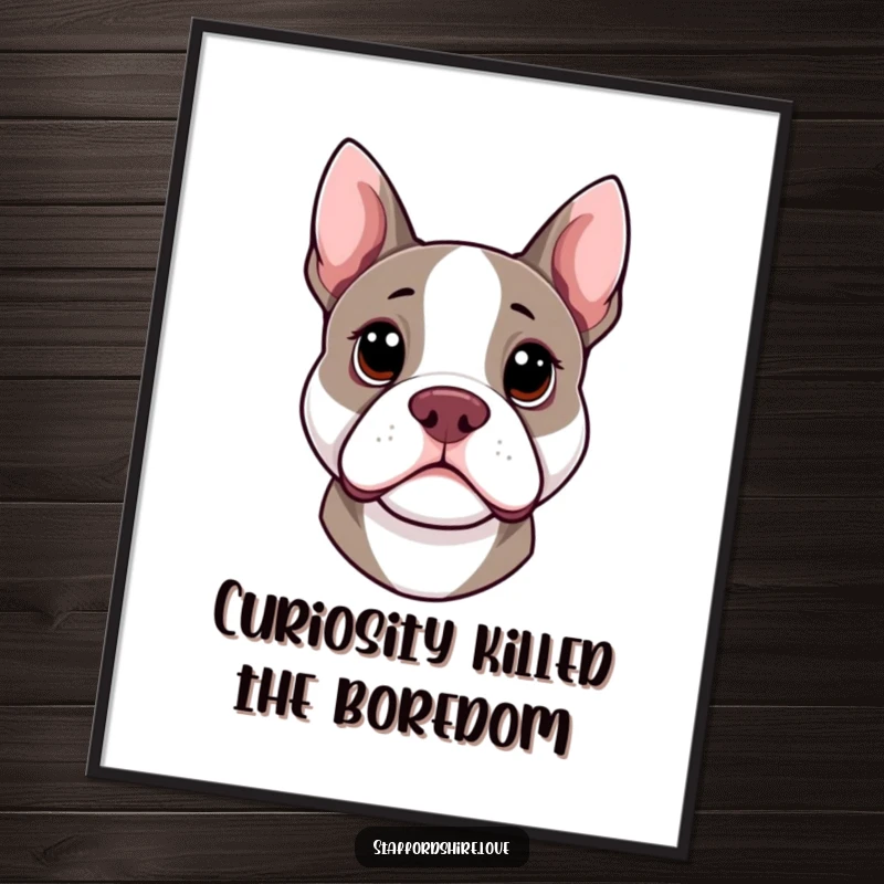Funny Free Printable Wall Art: Kawaii Staffordshire Bull Terrier with its head tilted, radiating adorable curiosity.
