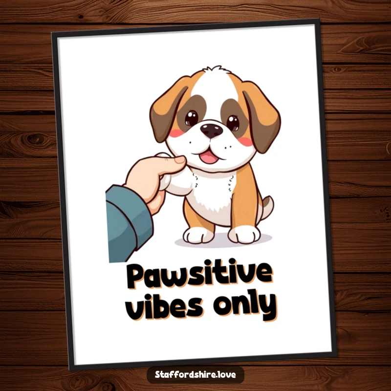 Funny Free Printable Wall Art: Kawaii Saint Bernard dog nudging a friendly hand, full of warmth and humor.