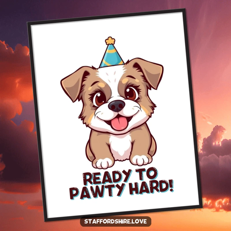 Funny free printable wall art of a Staffordshire dog wearing a small party hat, eyes wide with excitement for fun.