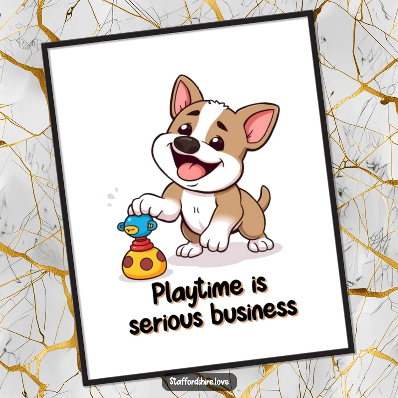 Funny free printable wall art: a happy Staffordshire dog in mid-pounce, playfully attacking a toy on all fours.