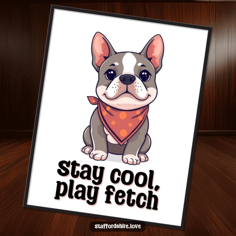 Funny Free Printable Wall Art: A Kawaii Staffy Bull Terrier exuding coolness while wearing a tiny bandana, a stylish addition.