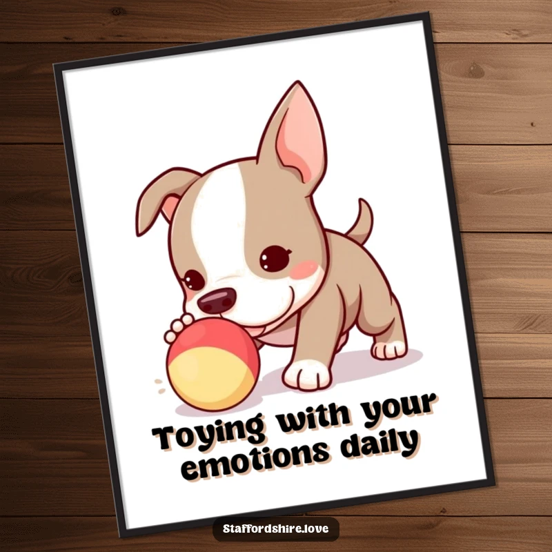 Funny Free Printable Wall Art: A delightful Kawaii Staffy puppy captured mid-chase with a squeaky toy, full of playful energy.