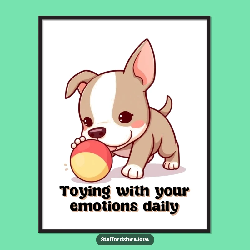 Free Printable Wall Art: Funny Kawaii Staffy Puppy Toy Chase, Downloadable Decor