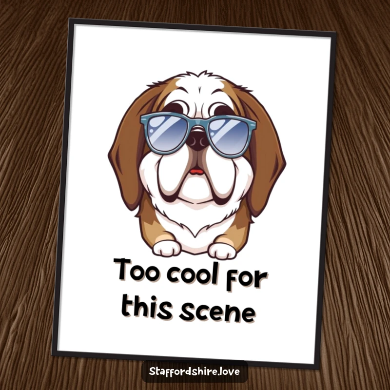 Funny Free Printable Wall Art: Saint Bernard dog with a comically bewildered expression trying on a pair of tiny, stylish sunglasses.