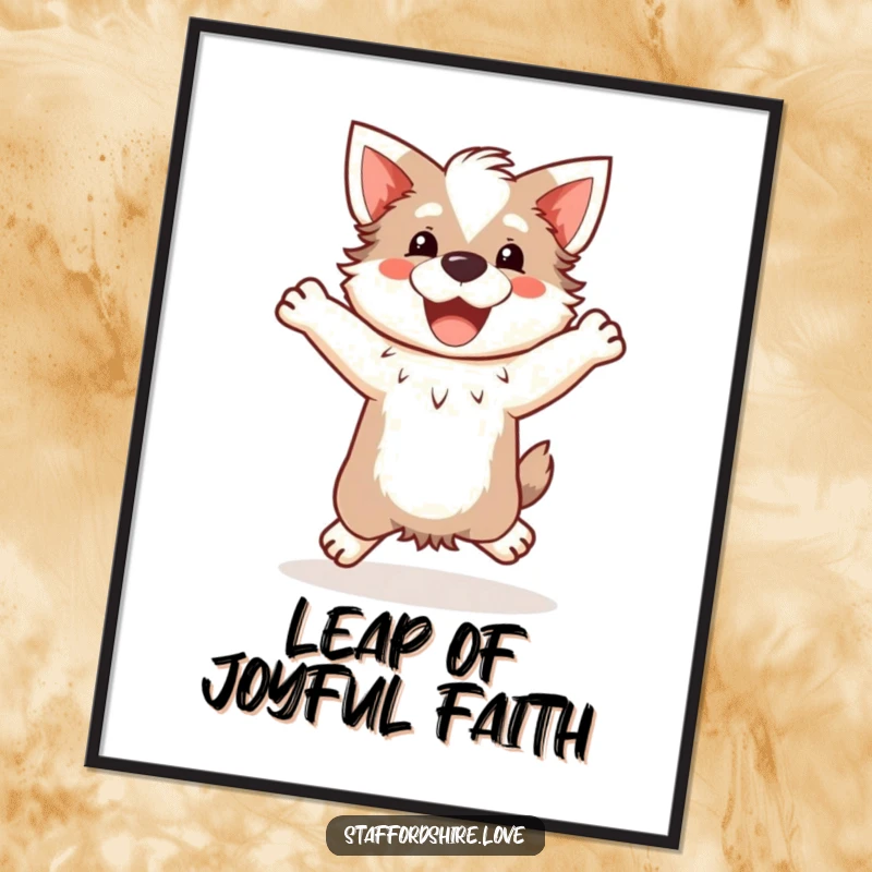 Funny Free Printable Wall Art: Kawaii Staffordshire dog captured mid-happy, clumsy jump, bringing playful energy to your decor.