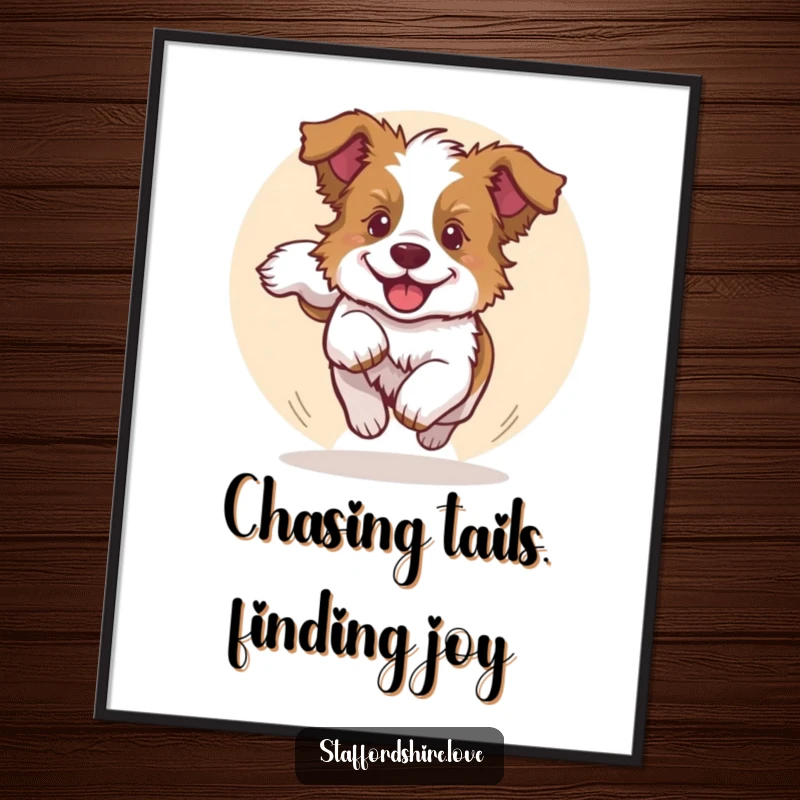 Funny Free Printable Wall Art shows a happy Staffordshire pup spinning endlessly in a circle, chasing its own fluffy tail.