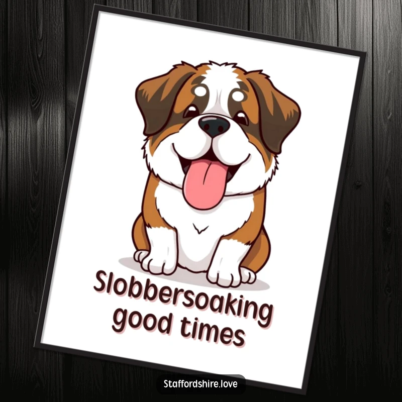 Funny Free Printable Wall Art: Saint Bernard dog sighing happily, tongue lolling out, a hilarious piece of downloadable decor.