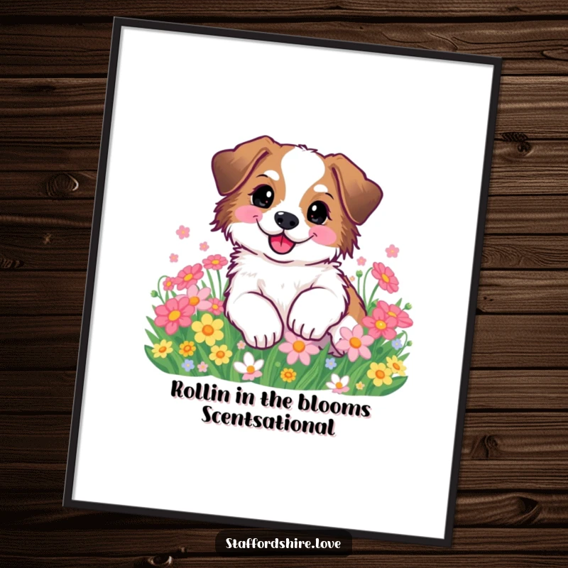 Funny Free Printable Wall Art of a blissful Staffordshire rolling with pure delight in a sunny patch of colorful flowers.