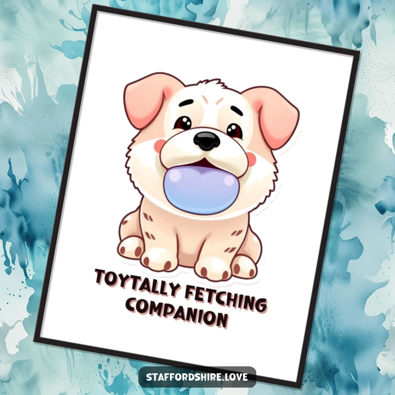 Funny Free Printable Wall Art: Kawaii Staffordshire enthusiastically offers a slobbery toy, bringing playful energy.
