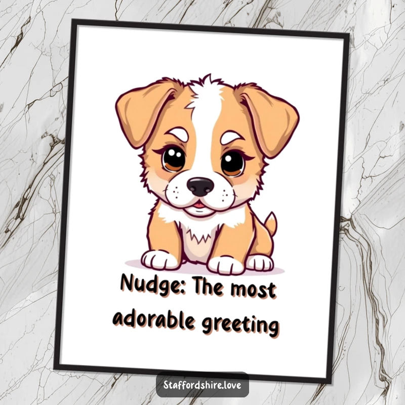 Funny Free Printable Wall Art of a kawaii Staffordshire puppy with floppy ears, playfully nudging, adding a touch of heartwarming mischief to your decor.