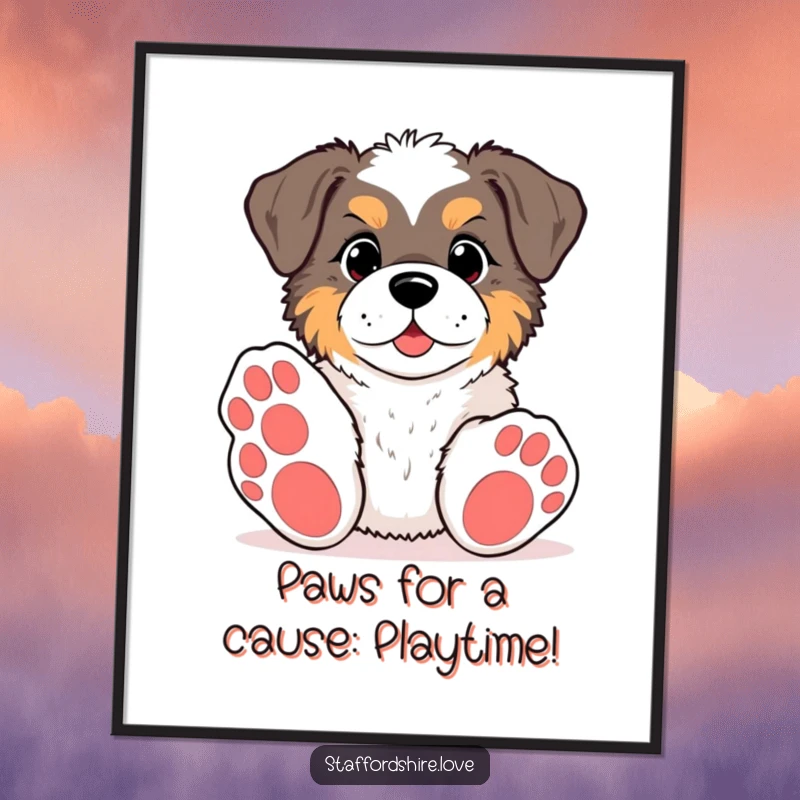 Funny Free Printable Wall Art of a kawaii Staffordshire dog with big paws, enthusiastically reaching for a toy, adding a playful touch to any room.
