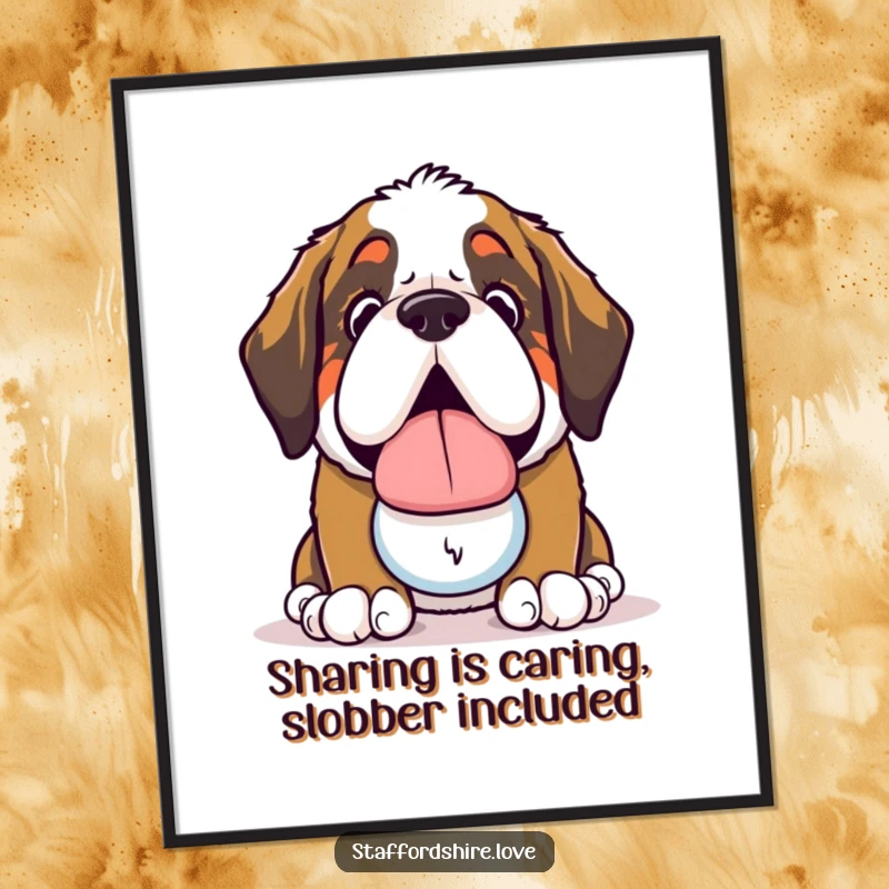 Funny Free Printable Wall Art: A lovable kawaii Saint Bernard offering a slobbery toy with hopeful eyes and a wagging tail.