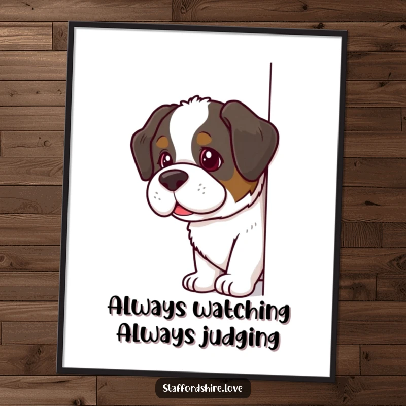 Funny Free Printable Wall Art: A Saint Bernard peeks around a corner with a mischievous glint, ready for fun.
