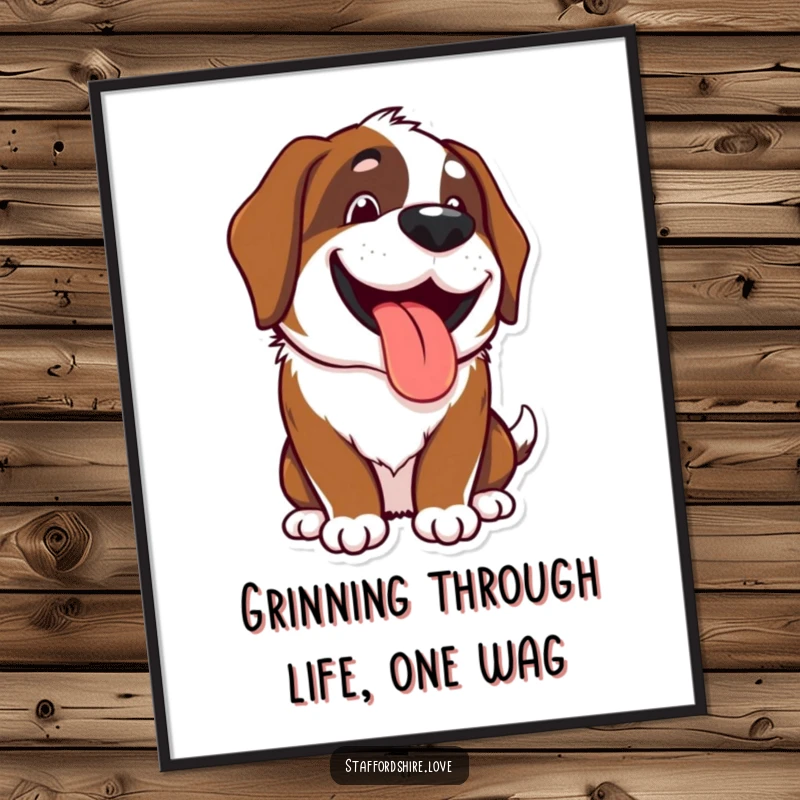 Funny Free Printable Wall Art: Happy Kawaii Saint Bernard dog panting with a wide, infectious grin, cheerful decor.