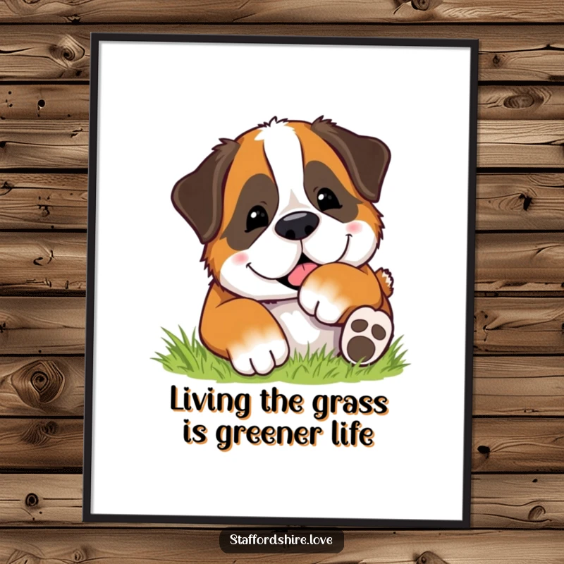 Funny Free Printable Wall Art: A Saint Bernard puppy rolls with pure delight in soft green grass, capturing a moment of absolute, carefree joy.